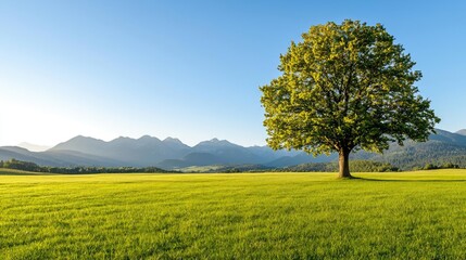 Naklejka premium Lone tree standing tall in a vibrant green field with mountains in the background.