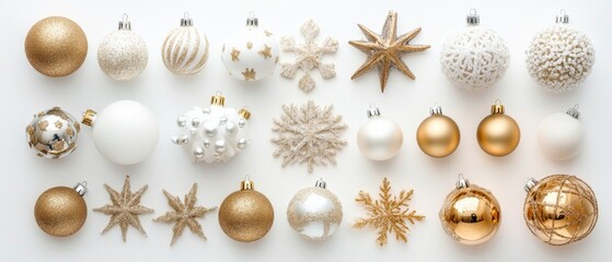 Top view of white and golden Christmas decorations arranged isolated on white background