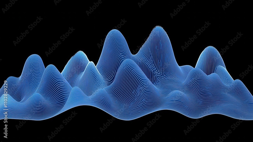 Poster art effect style, a vibrant 3d wave-like structure in blue, featuring intricate lines and peaks, set