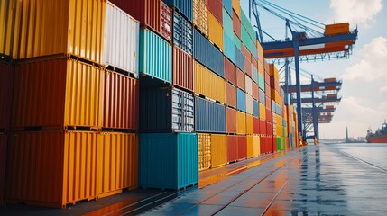 Fototapeta premium A vibrant port scene showcasing stacked shipping containers ready for transport.
