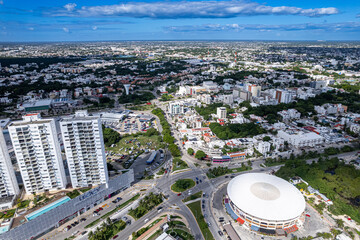 Aerial Drone View of Cancun City Center Near Nichupte Lagoon and Hotel Zone