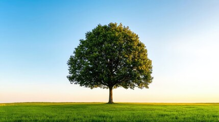 Lone tree standing in green field under clear blue sky at sunset.