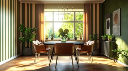 Obraz premium Sunlit dining room with green accents, plants, and modern furniture.