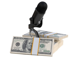 Stack of Dollars cash one hundred banknotes with podcast microphone 3D element. Creative financial...