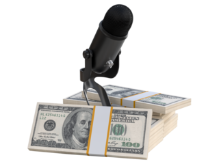Stack of Dollars cash one hundred banknotes with podcast microphone 3D element. Creative financial podcast and advice for business making money concept ready to be used for blogging streaming online