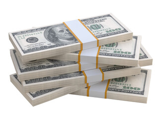 Stack of US paper currency. 3D American Dollars cash one hundred banknotes. Pile of us currency...