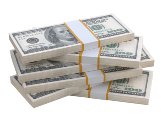 Stack of US paper currency. 3D American Dollars cash one hundred banknotes. Pile of us currency isolated on white background. Creative business finance making money or saving concept