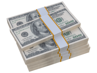 Stack of US paper currency. 3D American Dollars cash one hundred banknotes. Pile of us currency isolated on white background. Creative business finance making money or saving concept