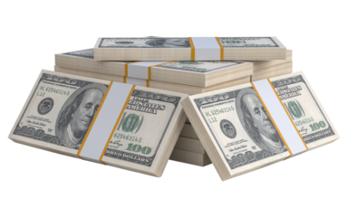 Stack of US paper currency. 3D American Dollars cash one hundred banknotes. Pile of us currency isolated on white background. Creative business finance making money or saving concept