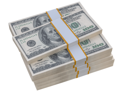 Stack of US paper currency. 3D American Dollars cash one hundred banknotes. Pile of us currency isolated on white background. Creative business finance making money or saving concept