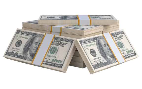Stack of US paper currency. 3D American Dollars cash one hundred banknotes. Pile of us currency isolated on white background. Creative business finance making money or saving concept