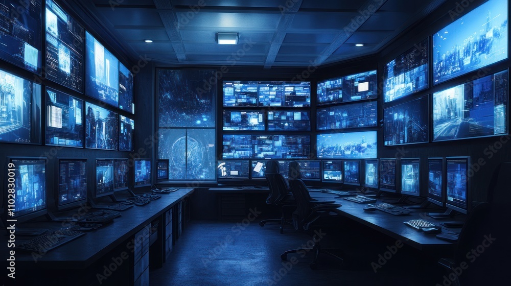 Poster a dimly lit control room filled with multiple screens displaying surveillance footage.