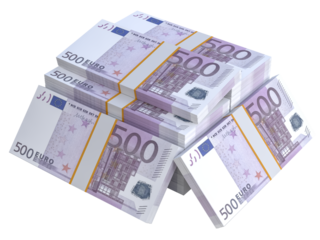 Stack of EU Euro paper currency. 3D Euro cash 500 banknotes. Pile of us currency isolated on background. Creative business european union economic finance making money or saving concept