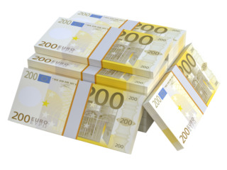 Stack of EU Euro paper currency. 3D Euro cash 200 banknotes. Pile of us currency isolated on background. Creative business european union economic finance making money or saving concept