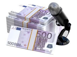 Stack of Euro cash 500 banknotes with podcast microphone 3D element. Creative financial podcast and...