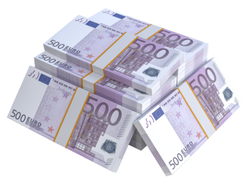 Stack of EU Euro paper currency. 3D Euro cash 500 banknotes. Pile of us currency isolated on background. Creative business european union economic finance making money or saving concept