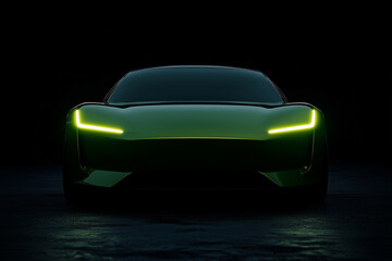 front view of a green futuristic electric sports car isolated on a dark background