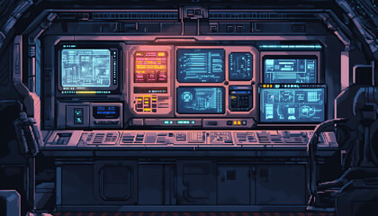 Obraz premium Interior of a futuristic spaceship in pixel art style