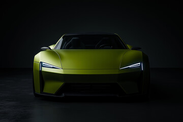 front view of a green futuristic electric sports car isolated on a dark background