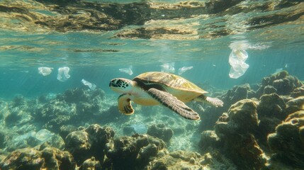 Obraz premium A sea turtle swimming through clear waters littered with floating plastic bags, emphasizing ocean pollution