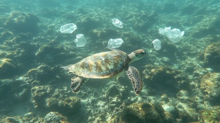 Naklejka premium A sea turtle swimming through clear waters littered with floating plastic bags, emphasizing ocean pollution