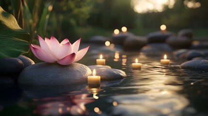 Serene pink lotus flower on rocks by calm water with candles at sunset.