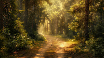 Fototapeta premium Dappled Sunlight in Quiet Forest Path