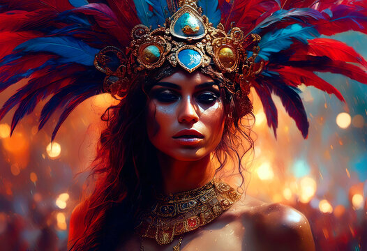 Majestic Woman in Ornate Feathered Headdress Amidst Glowing Ligh