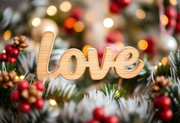 Festive Wooden Love Sign on Christmas Tree with Lights and Berries