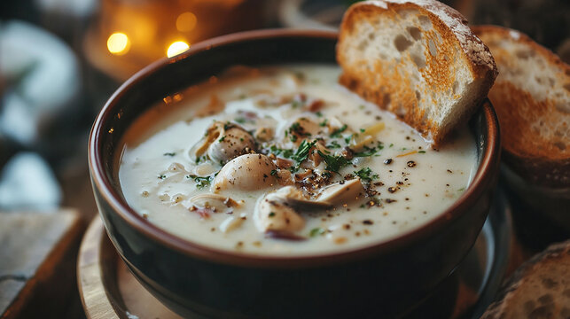 Warm bowl of creamy clam chowder