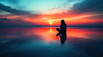 Silhouette of a person sitting on the beach watching the sunset, warm and reflective atmosphere 