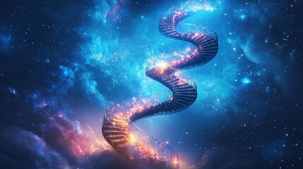 A spiral staircase made of shimmering light, leading upward into a starry night sky, symbolizing ascension and mystery