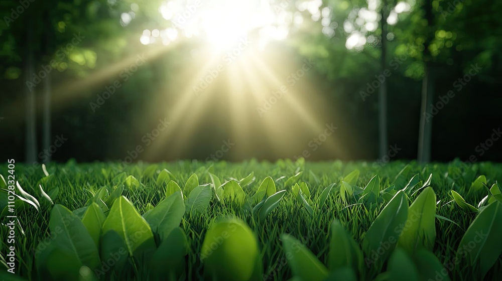 Poster sunlight streaming through trees onto a lush green field.