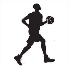 . Dynamic silhouette of a basketball player poised for a shot, set against a clean white backdrop.
