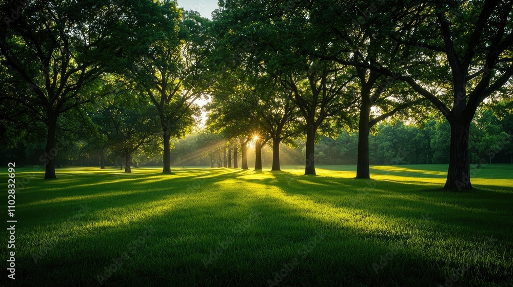 Poster Sunlight streaming through trees in a serene green park setting.
