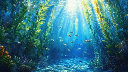 Fototapeta premium A stunning underwater scene of a kelp forest, with schools of fish weaving through the tall plants under dappled light
