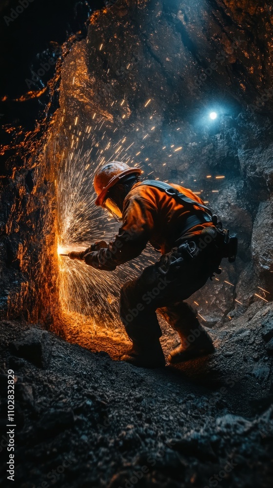 Aufkleber a miner working in a dark tunnel, creating sparks with a tool in a dramatic, illuminated scene.