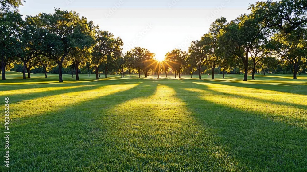 Poster sunset over a green field with trees casting long shadows in serene nature.