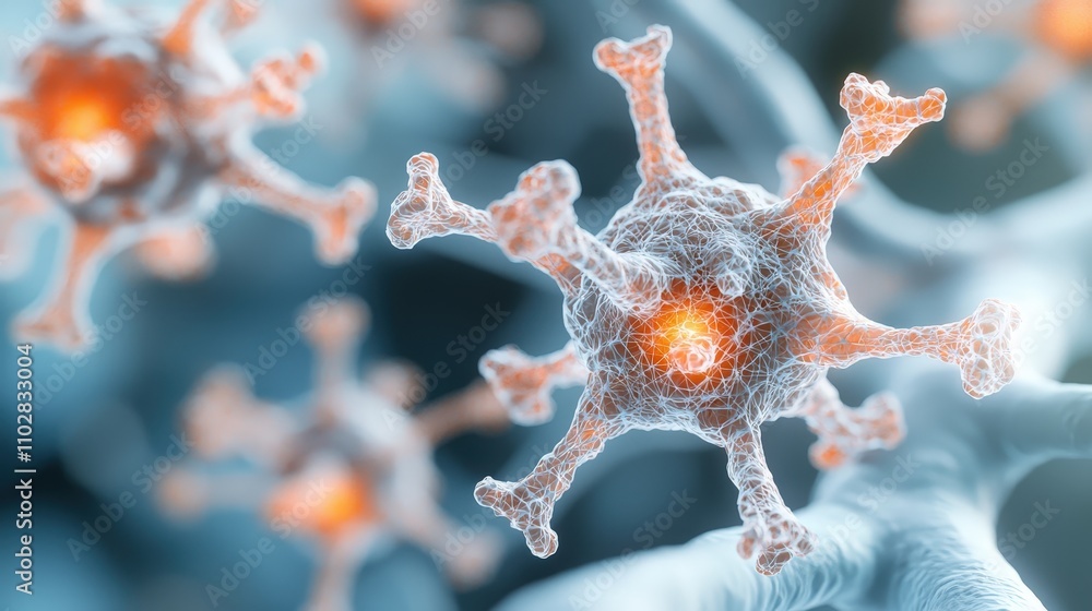 Poster microscopic cellular structure complex neural network glowing pathways scientific resea