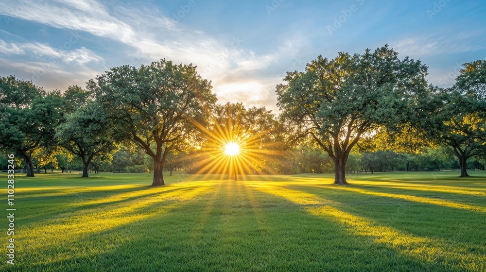 Poster Sunset over a meadow with trees and vibrant rays illuminating the landscape.