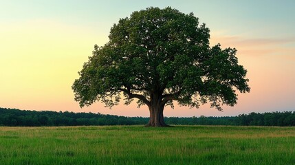 Fototapeta premium Lone majestic tree standing in a serene field during sunset.