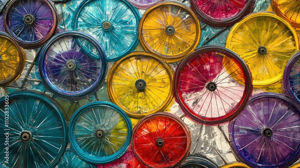Poster a unique, abstract composition featuring colorful bicycle wheels overlapping to create a vibrant art