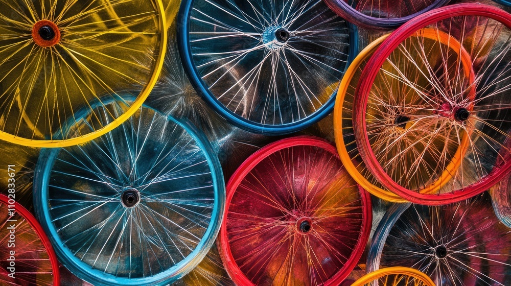 Poster a unique, abstract composition featuring colorful bicycle wheels overlapping to create a vibrant art