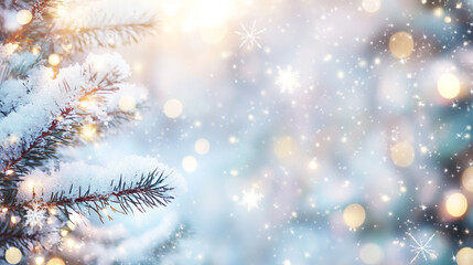 Blurred christmas background with glistening snow covered trees and glowing bokeh lights festive atmosphere winter wonderland
