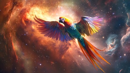 Rainbow Parrot in Cosmic Nebula