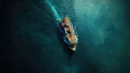 An aerial top view of a container ship in the vast ocean, serving as a vital link for global business logistics, freight shipping, import, export, and international trade. Generative AI.