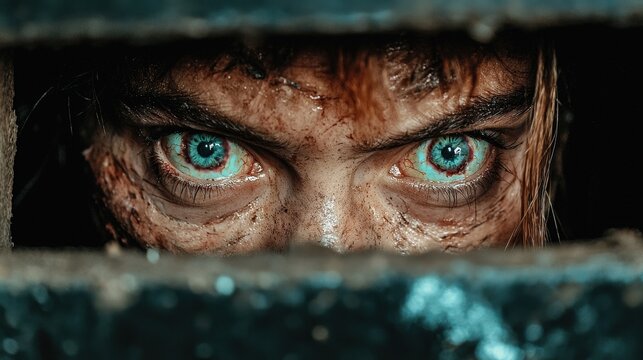 Grungy Zombie Horror Closeup  Bloody Face  Piercing Eyes  Fear  Halloween