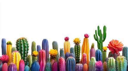 A vivid collection of cacti in bold and brilliant hues, standing out against a bright and simple white background