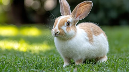 Obraz premium Adorable bunny rabbit standing on a lush green lawn, alert and curious, with a mix of white and light brown fur.