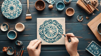 Craftsperson handpainting designs on ceramic tiles, delicate artistry on display